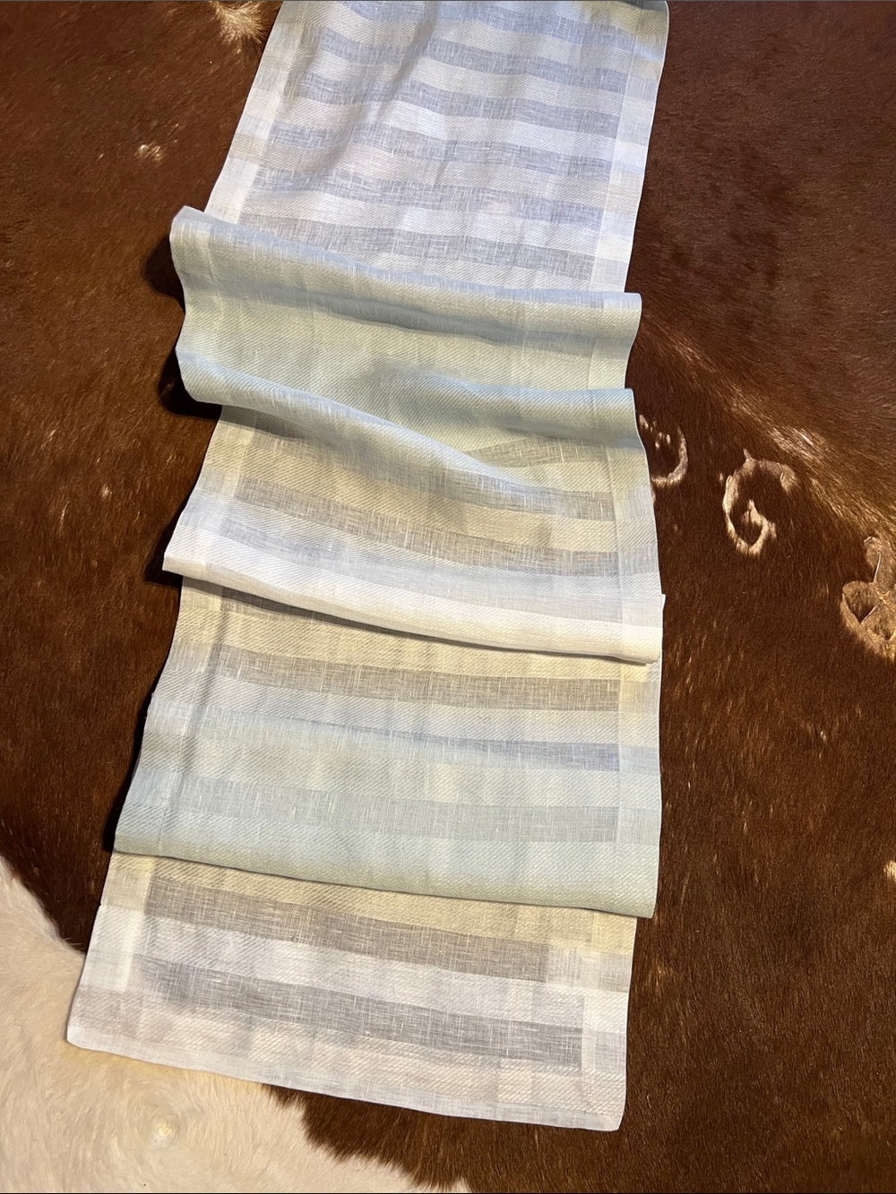 Light green Sheer Striped Runner, 100% Linen, Made in Turkey